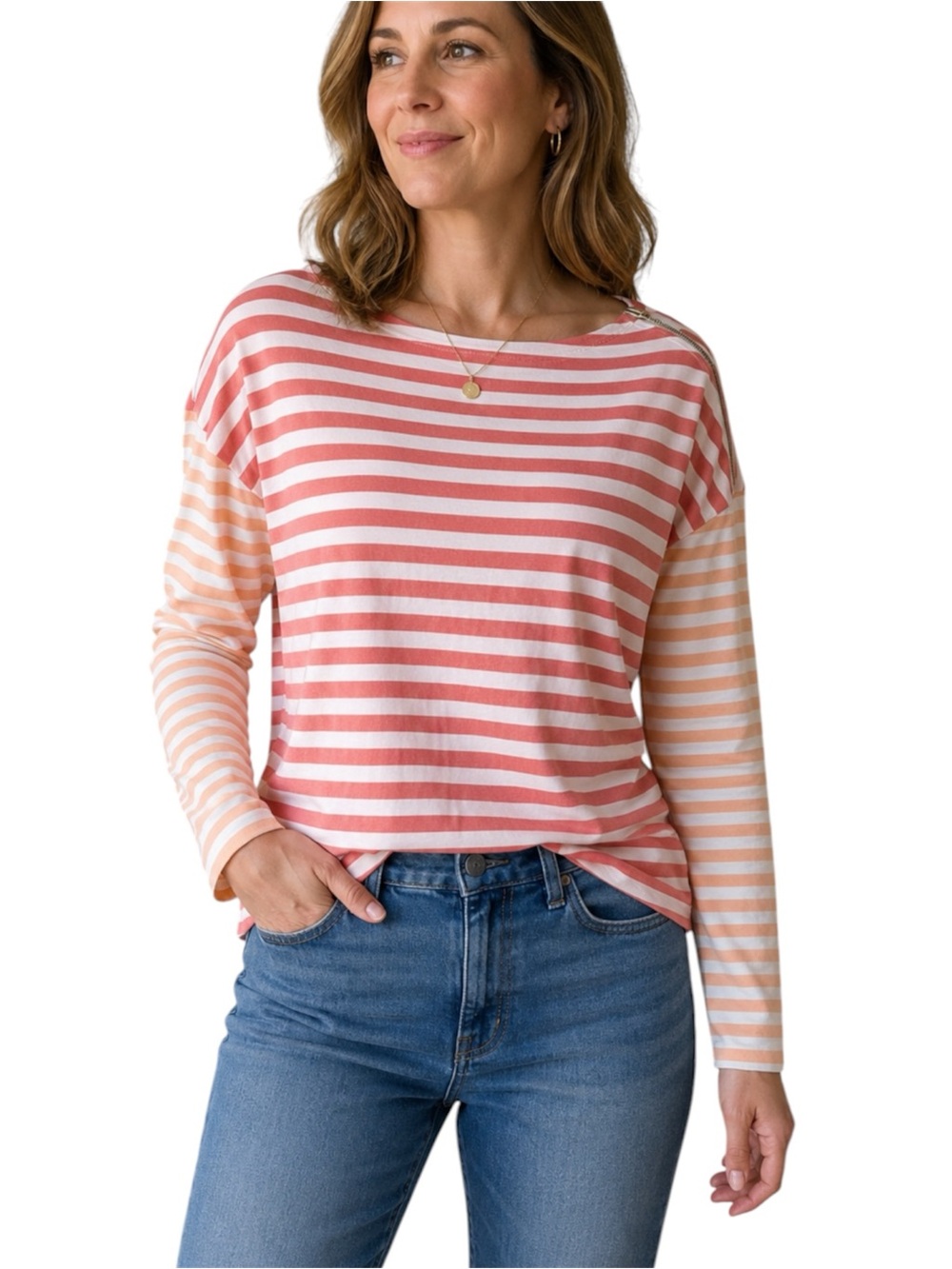 Talbots Coral Stripe Boxy Tee Zip Shoulder 100% Cotton Size Medium